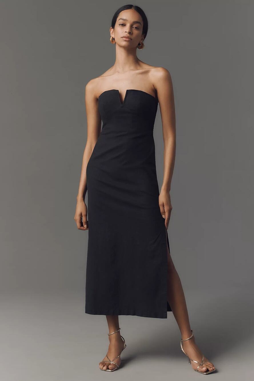 New Anthropologie Strapless Linen Plunge-Neck Midi Dress $178 Size 16 Black